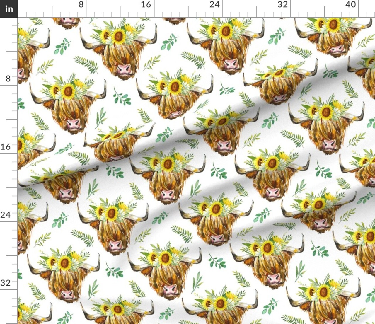 Highland Cow Sunflower Medium Scale Flowers Floral Wreath Western Custom Printed Fabric by Spoonflower Various Fabrics by the Yard or Fat Quarter
